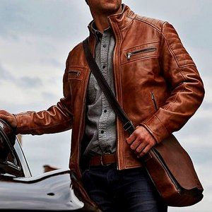 Men's Udo Waxed 100% Genuine Lambskin Leather Moto Jacket Size Large by Overland